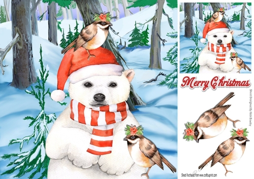 Lovely White Polar Bear with robins 8x8
