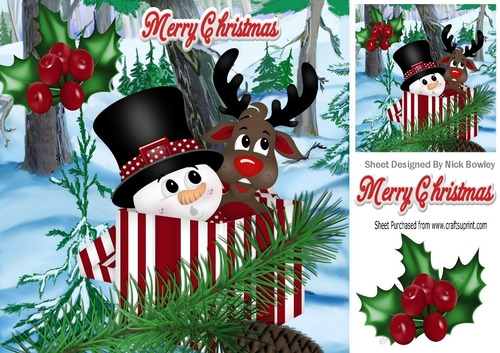 snowman and reindeer hiding in a present 8x8