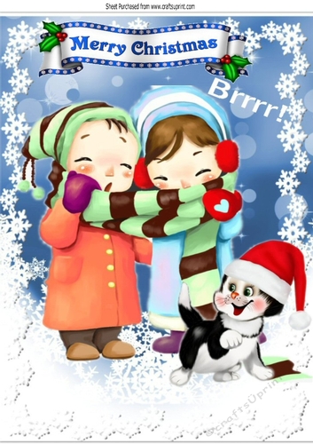 Cute children braving the snow with kitty A4