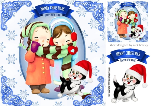 Cute children braving the snow with kitty 8x8