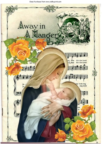 Lovely Mary holding baby jesus with carol & gold roses A4
