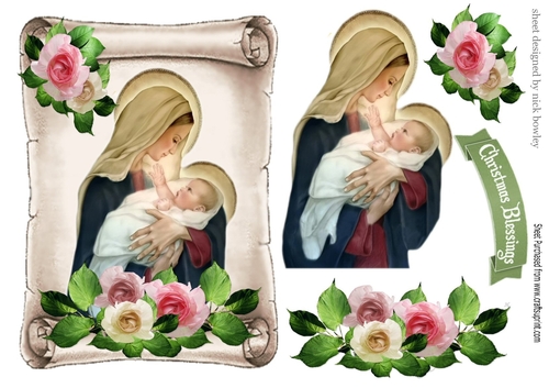 Mary Holding baby jesus on a scroll, with roses A5