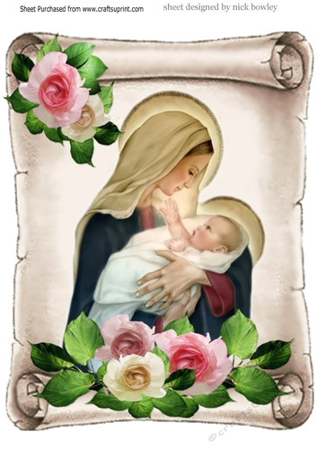 Mary Holding baby jesus on a scroll, with roses A4