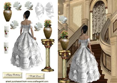 Elegant Lady in White Gown on a Staircase