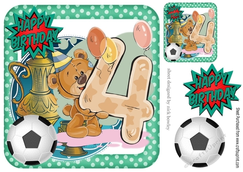 Teddy with football & balloons 4th birthday 8x8