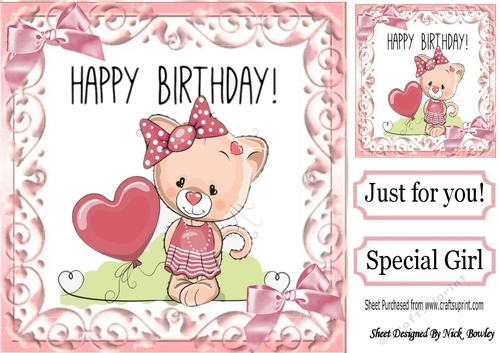 Happy Birthday Special Girl! Cute Kitty with balloons 8x8