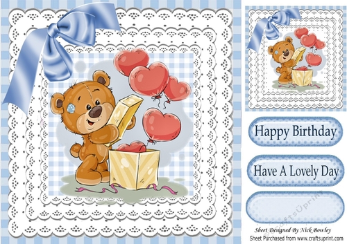 Hearts and blue bow with cute teddy on lace and gingham 8x8
