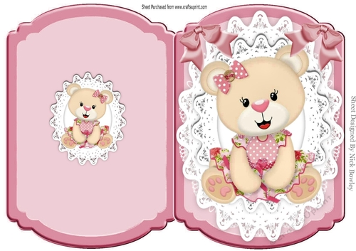 Cute teddy with pink bows & lace bracket card