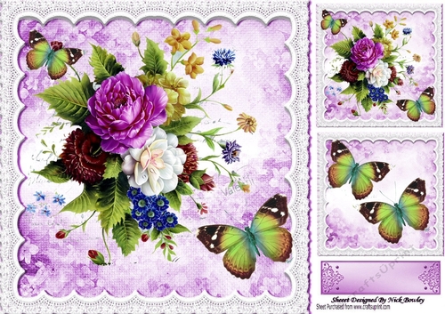 pretty flower arrangement with purple rose & butterflies on lace 8x8
