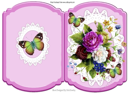 pretty flowers with purple rose & butterflies on lace bracket card