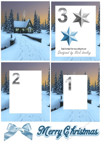 A cottage in the snow with pathway & bow tunnel pyramids