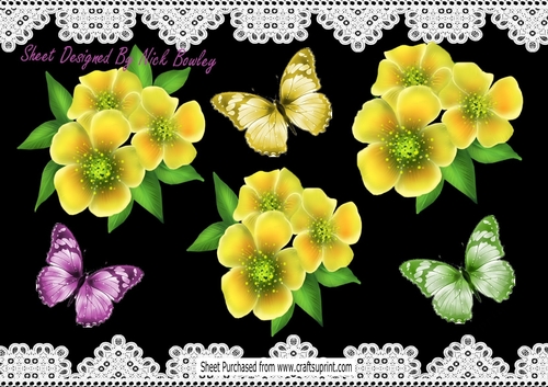 pretty yellow flowers, with lilac/green/yellow butterflies png