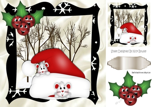 Toony holly with cheeky mice in santa hat 8x8