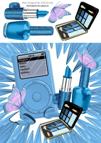 Blue MP3 Player, with ladies Accessories & butterflies 8x8