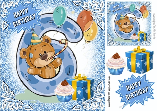 Lovely teddy with cup cake and balloons 6th Birthday 8x8