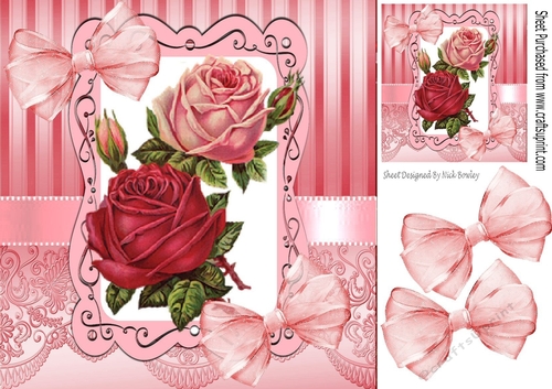 pretty vintage pink/red roses with bows & lace 8x8