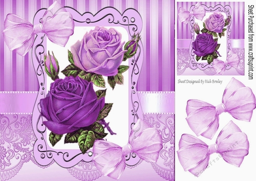 pretty vintage purple/lilac roses with bows & lace 8x8