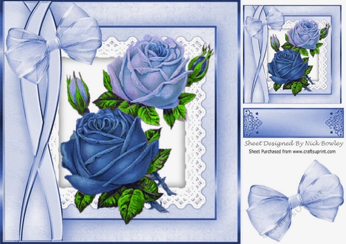 pretty vintage blue roses on lace in ornate frame 8x8