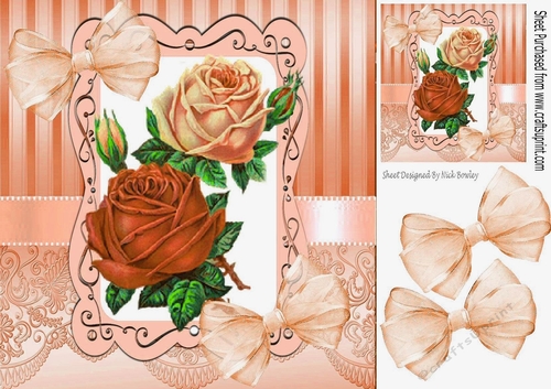 pretty vintage peach shades of roses with bows & lace 8x8