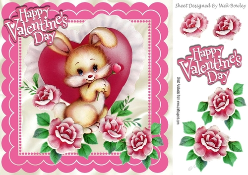 cute valentine bunny with pink roses 8x8