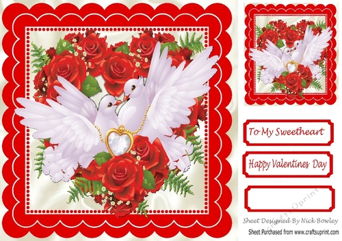Red roses & white doves in scalloped frame 8x8