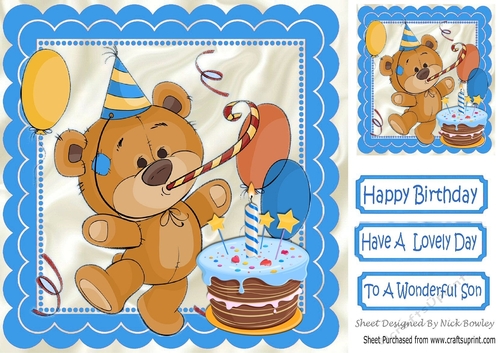 Happy Birthday in blue scalloped frame with balloons & cake 8x8