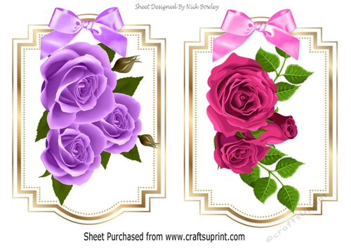 two pretty lilac & pink rose toppers in ornate frame with bows