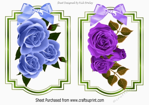 two pretty purple & blue rose toppers in ornate frame with bows