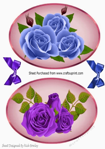pretty blue and purple roses in oval frames with bows
