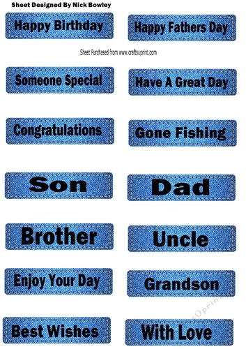 14 Denim Blue (male) tags with black sentiments