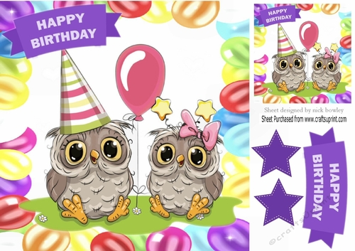 cute pair of owls partying in balloon frame 8x8