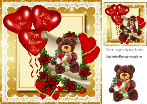 lovely teddy with bouquet of roses on a scroll with balloons 8x8