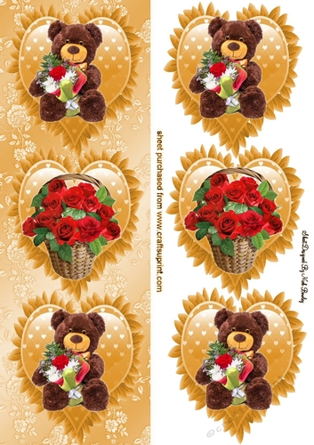 3 gold frilly hearts with bears and basket of roses tall DL