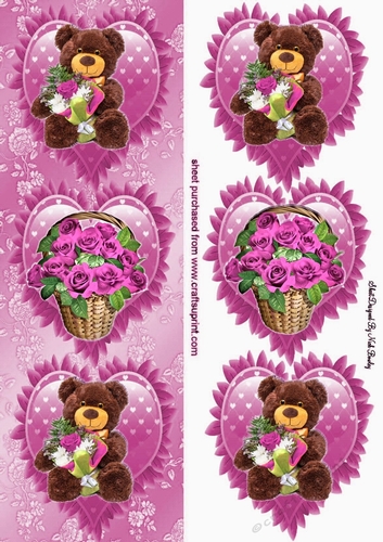 3 pink frilly hearts with bears and basket of roses tall DL