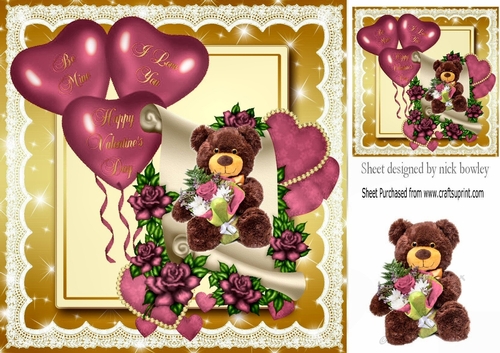 lovely teddy with bouquet of pink roses on a scroll with balloons 8x8