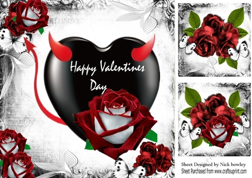 Gothic red velvet rose on a black heart with butterflies 8x8