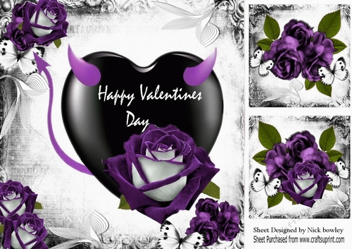 Gothic purple velvet rose on a black heart with butterflies 8x8