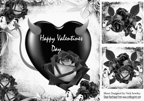 Gothic monochrome/silver velvet rose on a black heart with butterflies 8x8