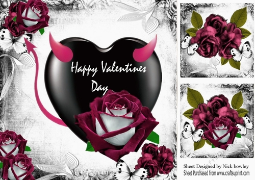 Gothic cerise velvet rose on a black heart with butterflies 8x8