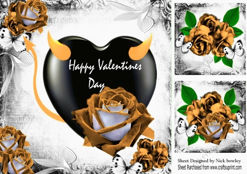 Gothic gold velvet rose on a black heart with butterflies 8x8