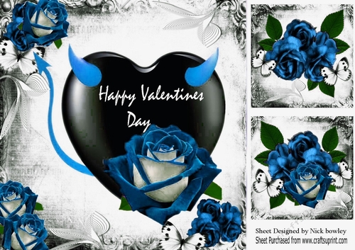 Gothic blue velvet rose on a black heart with butterflies 8x8