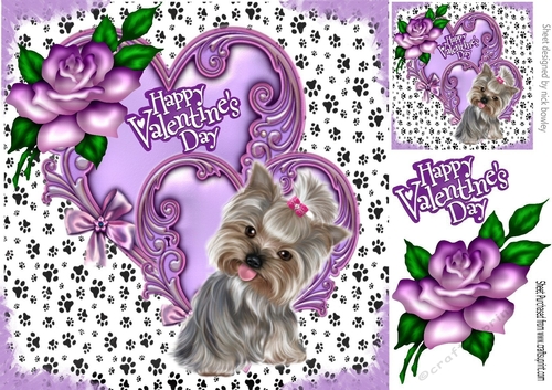 Cute valentine purple heart with roses and cute puppy 8x8