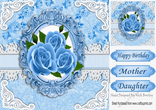 pretty blue roses in vintage frame & lace 8x8