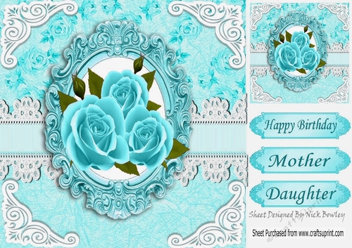 pretty turq roses in vintage frame & lace 8x8
