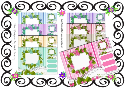 8 Pretty coloured flower card fronts with lace & stripes with toppers