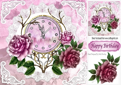 Nearly Midnight! with vintage clock & pink roses with lace 8x8
