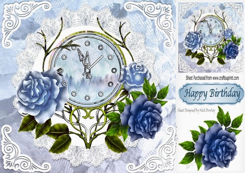 Nearly Midnight! with vintage clock & blue roses with lace 8x8