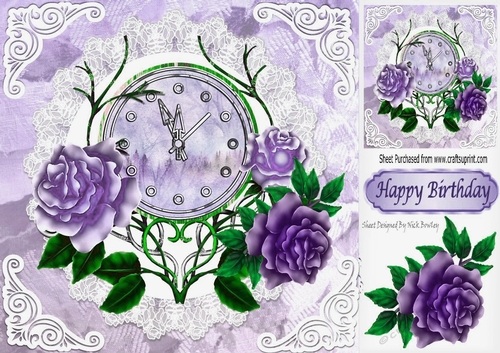 Nearly Midnight! with vintage clock & purple roses with lace 8x8