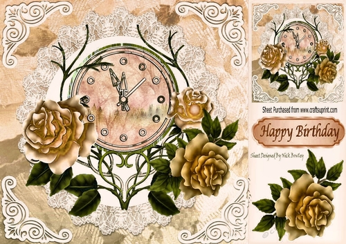 Nearly Midnight! with vintage clock & gold roses with lace 8x8