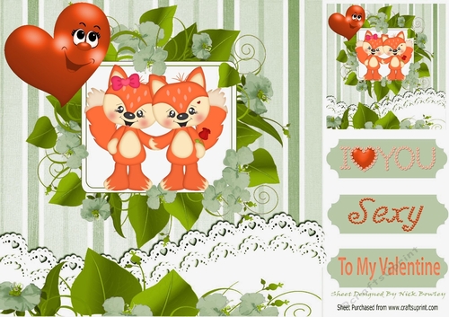 Pair of cute foxes with love heart with toony face 8x8